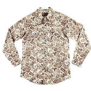 Cowboy Hardware Paisley Western Snap Shirt Boys XL 14/16 White Brown Orange Boho